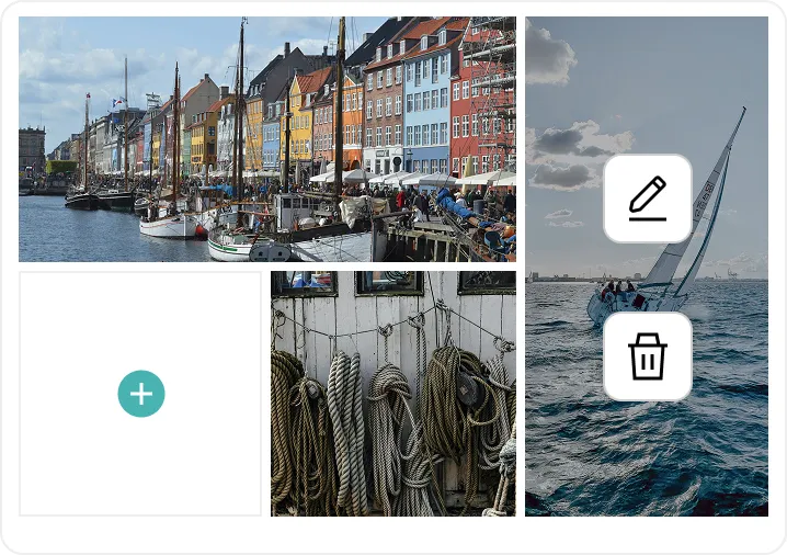 Postkarten-Editor der Pokamax-App mit Bildauswahl und Collagenfunktion zur individuellen Gestaltung.