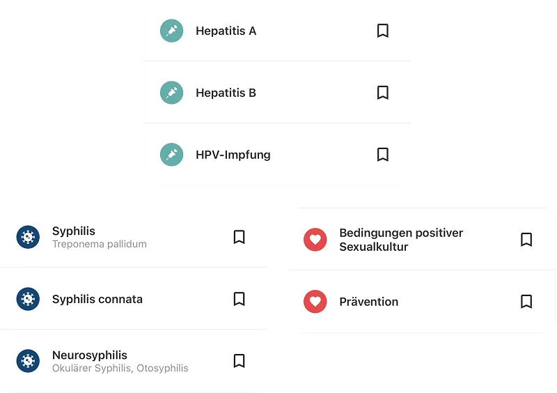 Modular strukturierte Kartenansicht der DSTIG-App mit klar getrennten Inhalten zu Erkrankungen, Impfungen und Prävention als Basis für langfristige Erweiterbarkeit.