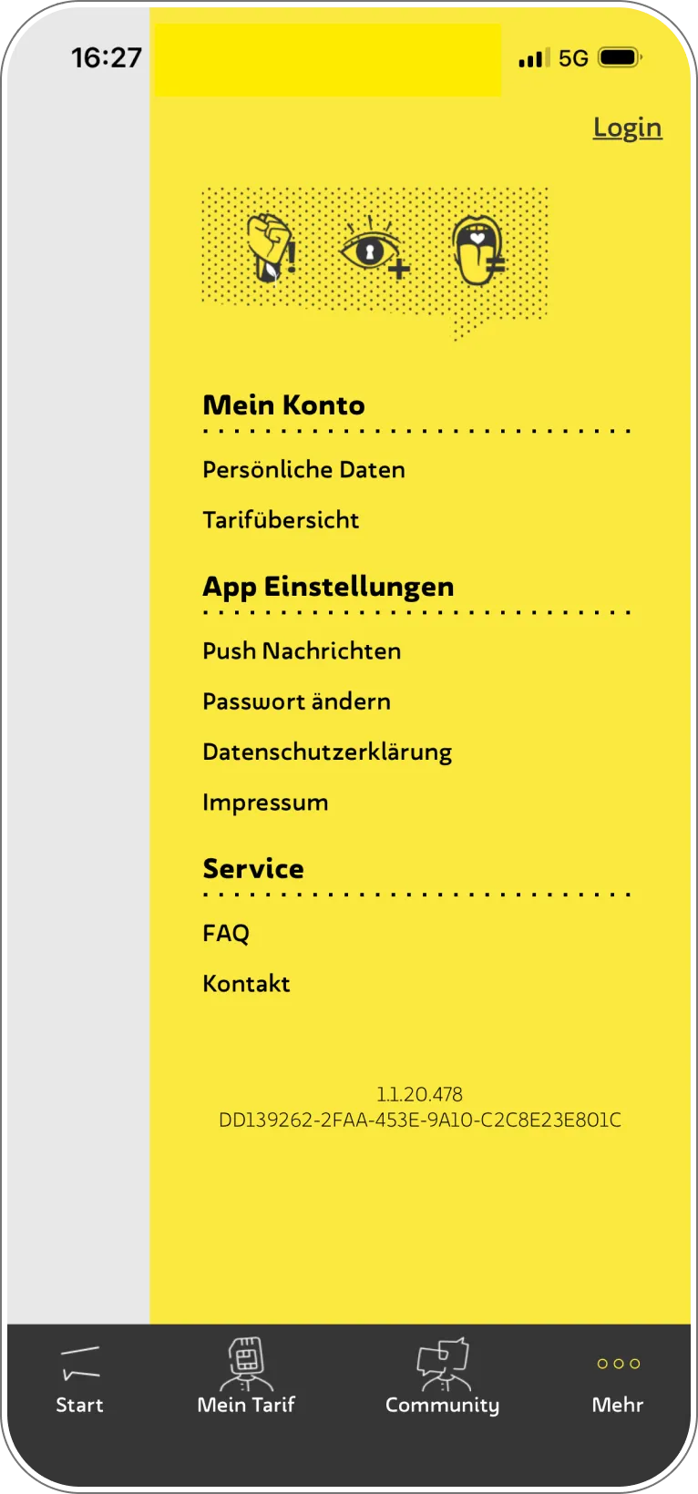 Menü ‚Mehr‘ mit Bereichen Mein Konto, App-Einstellungen und Service.