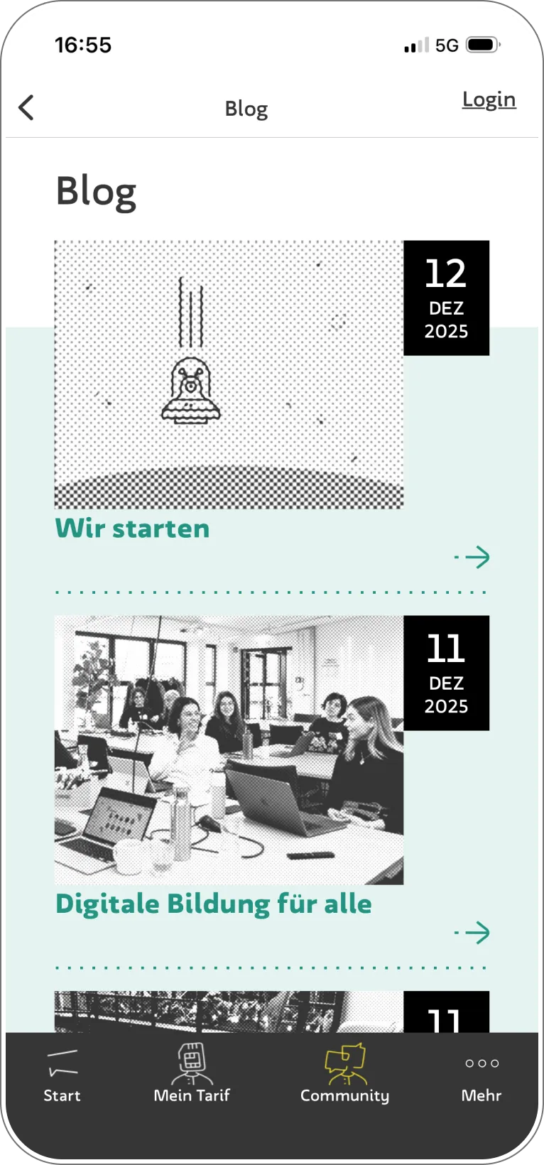 Blog-Übersicht mit Artikeln und Datumsmarken.